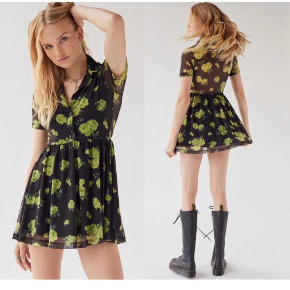 Urban Outfitters Black and Green Floral Mini Dress